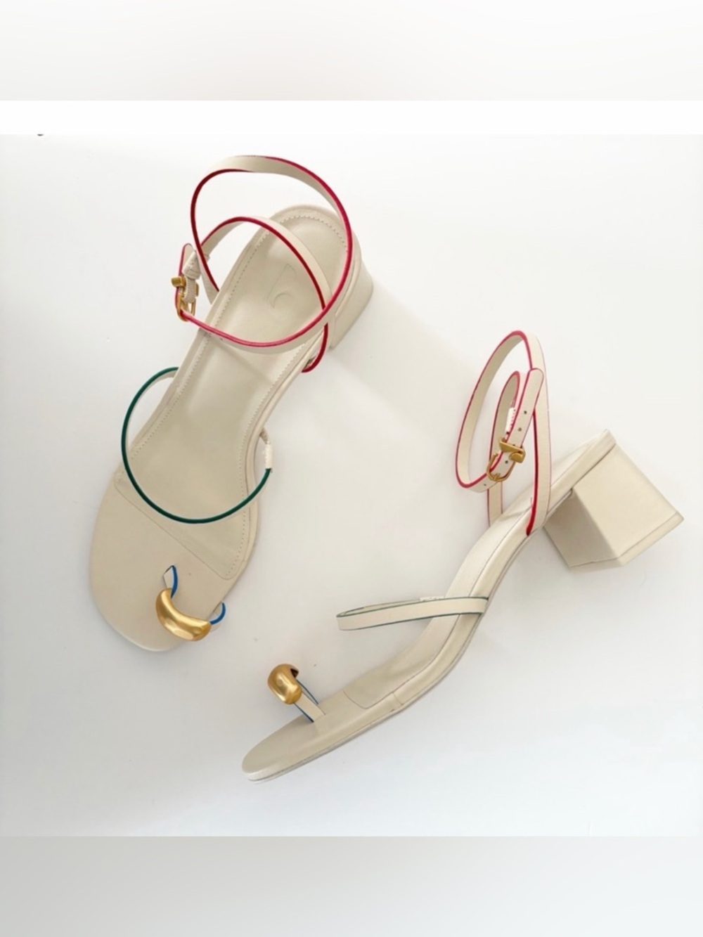 Larroude || Biarritz Block Heel Sandals in Ivory Leather Gold Toe - Picture 2 of 4